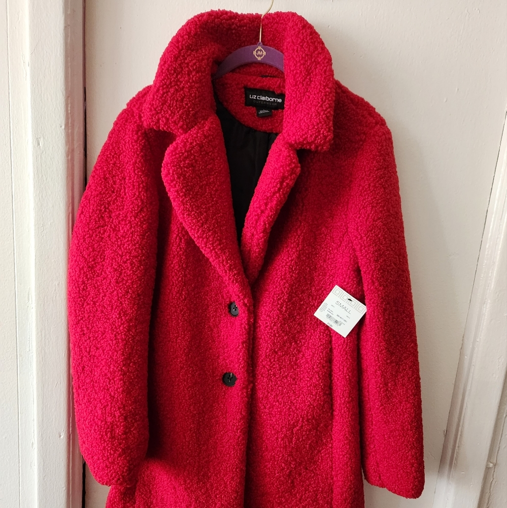 NWT*Liz Claiborne red WASHABLE Teddy coat*SZ S